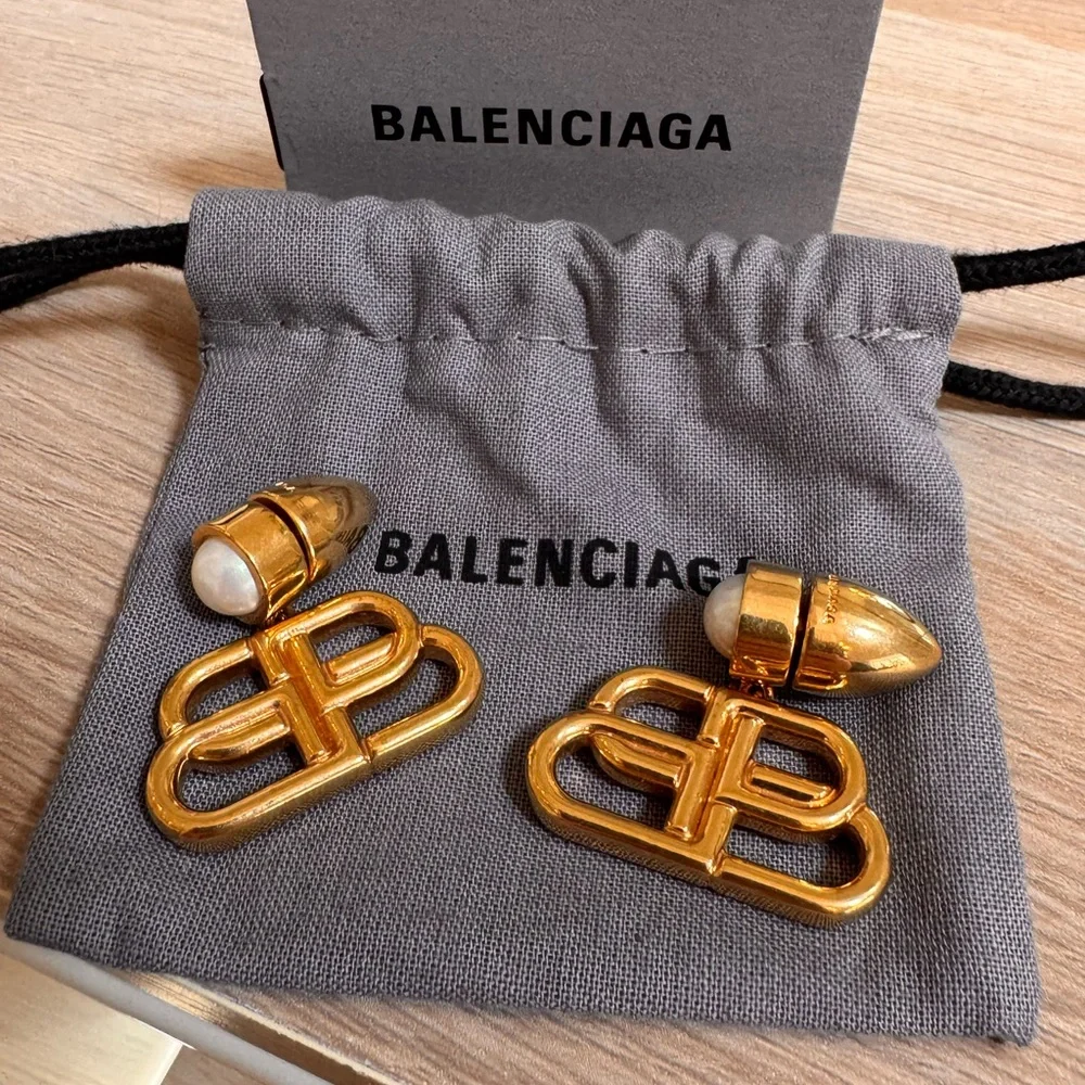 Balenciaga Gold Logo Drop Earrings with Pearl Accents - Picture 3 of 4